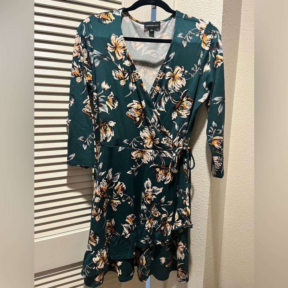 Fortune an Ivy, Floral Wrap Dress in Green